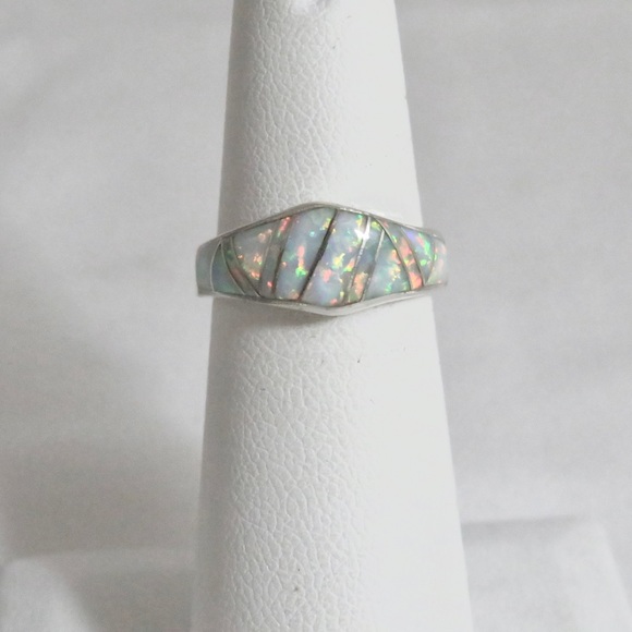 Sterling Silver Inlay White Lab Opal Band Ring - Picture 6 of 13